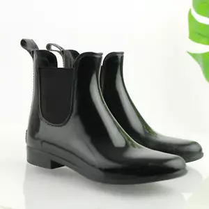 J Crew Womens Rain Boot Size 7 Black Rubber Water Resistant Chelsea Bootie Flat - Picture 1 of 12