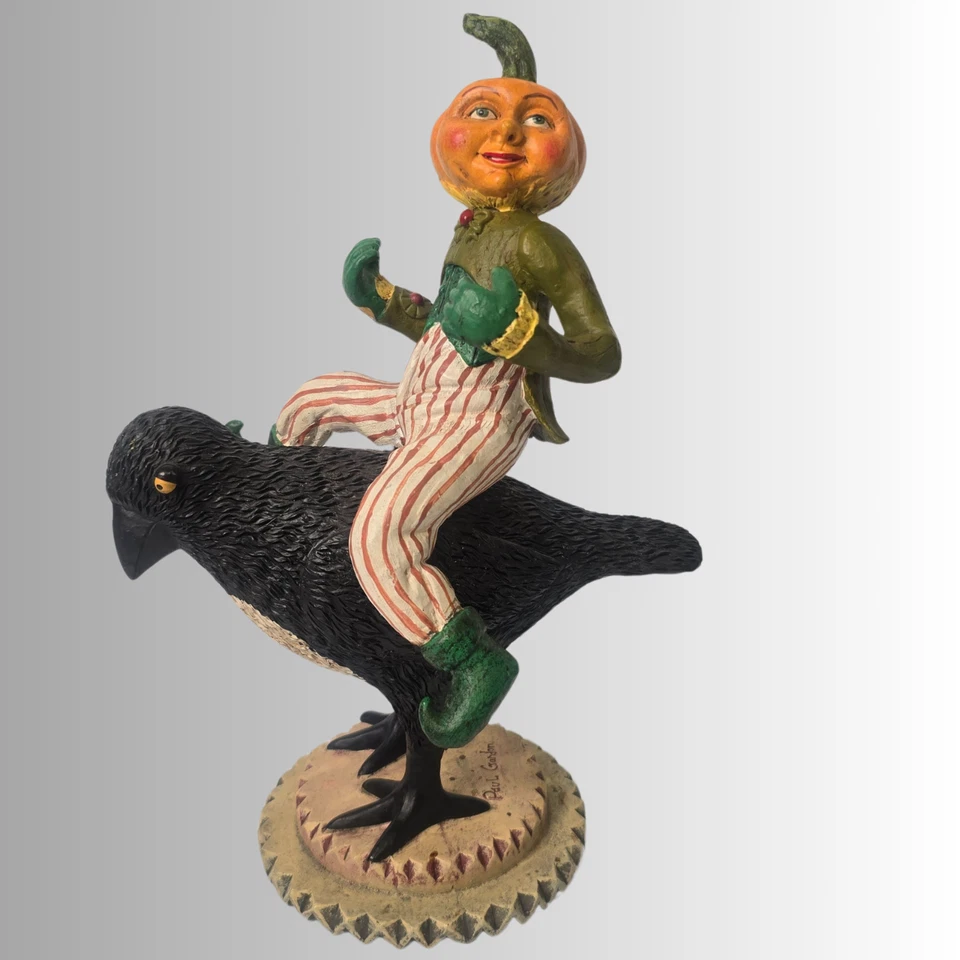 Whimsical Paul Gordon Pumpkinhead Figurine on Crow–11.5" Estate Folk Art Decor  - Image 1 of 4