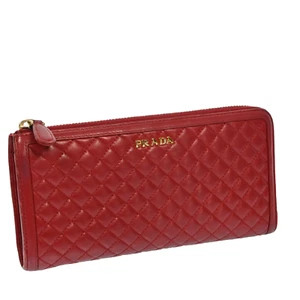 Auth PRADA Logos Leather Long Wallet Purse Red P3008S611 - Picture 1 of 20