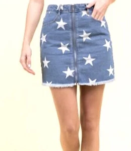 Fringe Denim Jean Small Mini Skirt Patriotic Stars NEW $50 - Picture 1 of 7