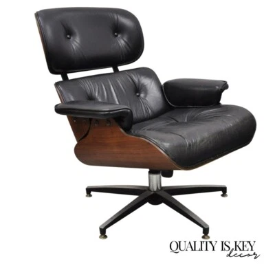 Sillón vintage Selig Plycaft cuero negro estilo Eames nogal giratorio inclinable Foto 1 de 4