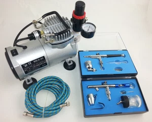 AIRBRUSH KIT - MINI PISTON COMPRESSOR & TWO DUAL ACTION AIRBRUSHES - UK SUPPLIER - Picture 1 of 1