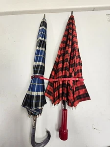 2 VINTAGE 1950's, 1960's Plaid Umbrella Lot ~Blue & Red ~Metal with Lucite - Picture 1 of 19