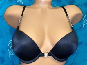 Victoria’s Secret Y2K 2006 Sexy Black Satin & Rhinestone Straps Push Up Bra 34A - Picture 1 of 7
