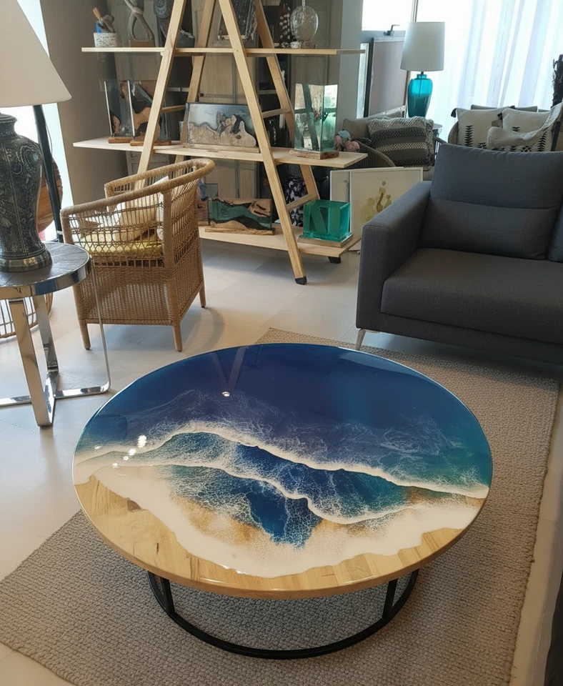 Handmade Ocean Epoxy Resin Table Top – Glossy Blue Sea Waves, Artistic Furniture - Image 1 of 4