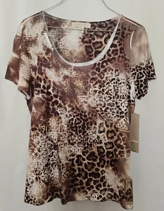 Laura Ashley Sublimation Animal Print Brn & Wht Top Bling Embellishments Wmns M - Picture 1 of 7