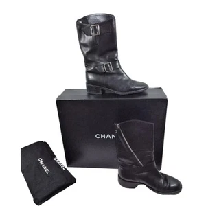 Chanel Black Leather K G27805 Buckle Side Zip CC Logo Moto Boots Sz 36 US 6 - Picture 1 of 12