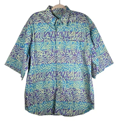 VINTAGE Bugle Boy Shirt Mens XL Blue Purple Abstract Geometric Button Front 90s - Image 1 of 4