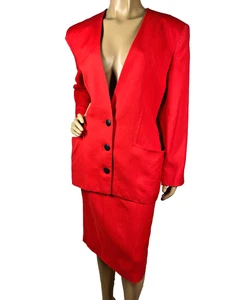 Jones New York Red Skirt Suit Size 12 Deep V Black Buttons Jacket Pencil Skirt - Picture 1 of 19