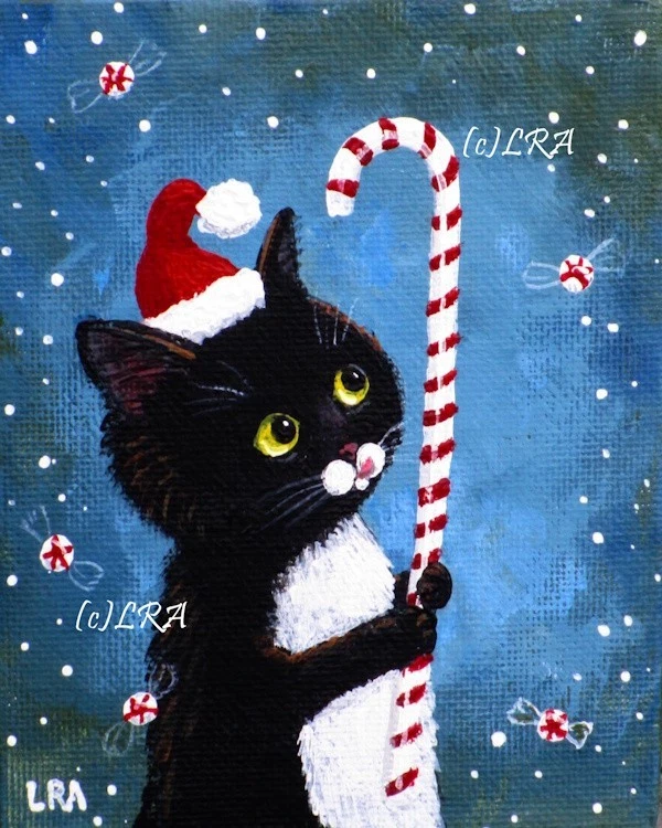 Arte Gato Negro Pintura Original 4x5 Miniatura Navidad Bastón de Caramelo Creacionarts Foto 1 de 1