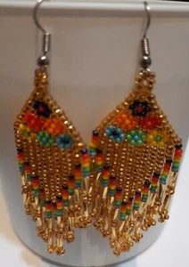 Beautiful Jewelry Mexican Huichol Art Earrings 3 Inches Long - Picture 1 of 1