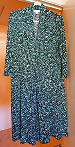 Coldwater Creek Dress 2X Cowl Neck Teal Black Print 3/4 Sleeve Gathered Front - Picture 1 of 12