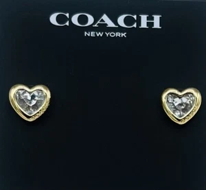COACH Crystal Glass Gold Tone Heart Stud Earrings With Signature Pouch NEW - Picture 1 of 6
