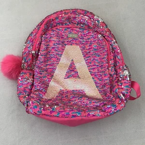 Justice Girl’s Initial A Pink Sequins Flip Full Size Rucksack Bommel Fehler - Bild 1 von 10