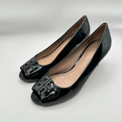 Tory Burch Lowell Wedge Heels Womens 7M Black Patent Leather Peep Toe Luxury CEO - Image 1 of 4