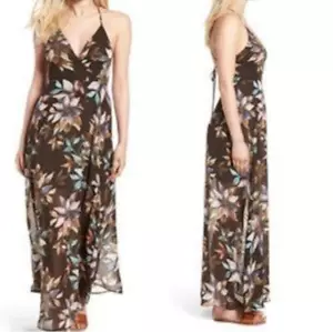 ASTR The Label Surplice Floral Faux Wrap Tie Back Sheer Maxi Dress Brown XS - Picture 1 of 9