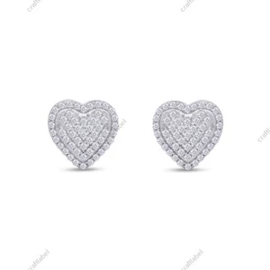 1/2ct Natural Round Diamond Heart Stud Earrings in 925 Solid Sterling Silver - Picture 1 of 9