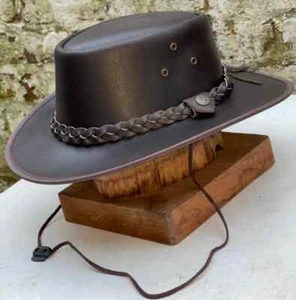 Men's Brown Bush Hat Aussie Western Cowboy Style Leather Hat with Chinstrap - Picture 1 of 5