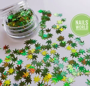 Weed Leaf Glitter Nail Art Holographic Green Grass 3D Marijuana Manicure UK - Picture 1 of 8
