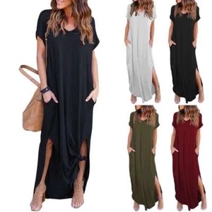 Women's V Neck Long Maxi Dress Gown Party Cocktail Evening Pull over Loose Beach - Picture 1 of 18