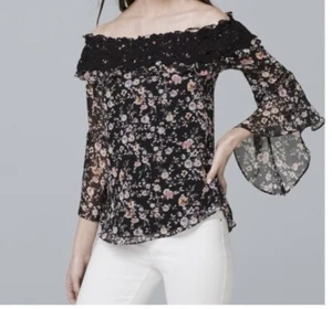 WHBM NEW FLORAL LACE TRIM OFF THE SHOULDER TOP BELL SLEEVE Size XS - Picture 1 of 4