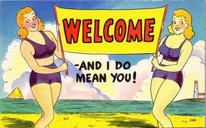 Vintage Comic Humor Postkarte zwei hübsche Damen im Bikini mit Willkommensschild  - Bild 1 von 3