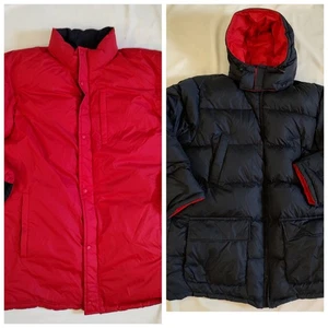 Lands End Down Jacket Puffer Coat Reversible Black Red Removable Hood XL 46-48 - Picture 1 of 13