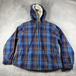 LL Bean Jacke Damen groß blau Flanell kariert Sherpa gefüttert Kapuze Mantel Shacket - Bild 1 von 12