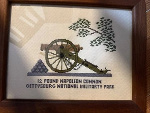 Vintage Needlepoint Wall Art Wood Framed 14.5” NAPOLEON CANNON GETTYSBURG NATION - Picture 1 of 5
