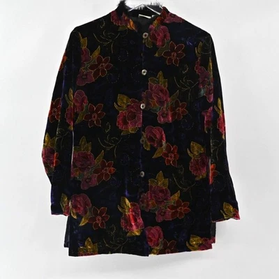 Chaqueta De Colección Terciopelo Metálico Para Mujer Talla S Capricho Piel Sintética Negra Floral Botón Foto 1 de 4