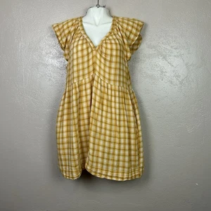 Antiguo Vestido Azul Marino Manga Acampanada Mini Columpio Talla Grande Amarillo Bolsillos a Cuadros Algodón - Imagen 1 de 12