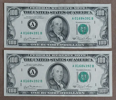 2x 1981 $100 Bill CONSECUTIVE BOSTON A SEQUENTIAL # Lot Federal Reserve Note FRN - Image 1 of 2