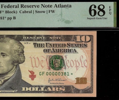 2004A $10 Federal Reserve Note Atlanta PMG 68EPQ 2nd finst low serial Fr 2039-F* - Image 1 of 3
