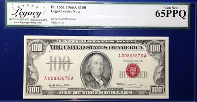 1966A $100 Legal Tender Note Fr-1551 Legacy65 PPQ Gem - Image 1 of 2
