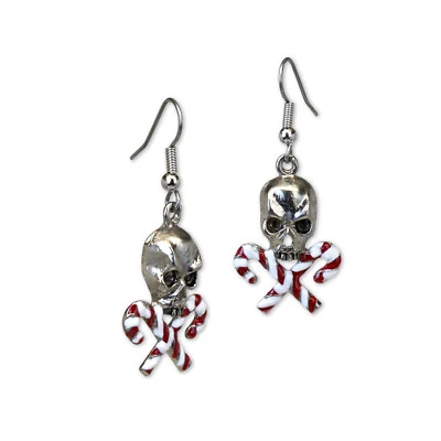 Pendientes colgantes calavera bastón de caramelo navideño esmalte rojo y blanco acabado plateado #1058 Foto 1 de 4