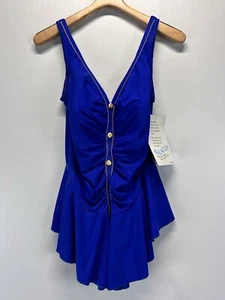 Vtg NOS Robby Len Blue One Piece Swimsuit Swim Dress Women 24W Gold Button USA - Picture 1 of 9
