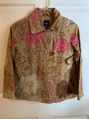 Jaqueta de veludo Gap infantil meninas paisley tamanho M 8 rosa bronzeado casaco floral em excelente estado usado - Imagem 1 de 4