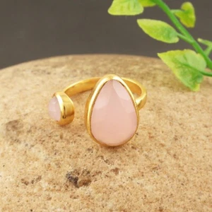 Pink Chalcedony Double Stone Ring Gemstone Gold Plating Collet Adjustable Ring - Picture 1 of 2