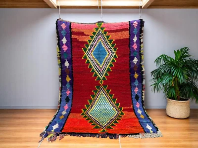 Vintage Moroccan Berber Rug 3.9x5.6 ft – Handmade Boucherouite Colorful Wool - Image 1 of 4