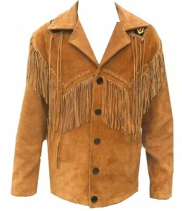 Chaqueta vaquera antigua para hombre marrón piel de ciervo gamuza cuero con cuentas flecos WSJ01 - Imagen 1 de 4