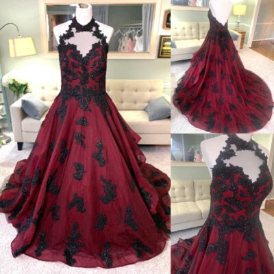 Gothic Wedding Dresses Lace Halter Neck Sweep Train Red Black Bridal Gowns - Image 1 of 4