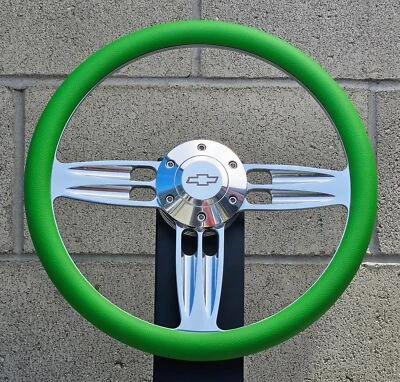 Volante de doble barril de vinilo verde de 14" Billet con media envoltura Chevy bocina 6 orificios Foto 1 de 2