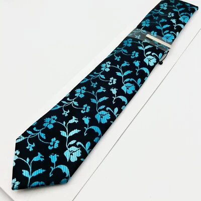 $34 NUEVO APT.9 Para hombres Floral Azul Agua Negro 2.75 pulgadas Corbata Ajustada + Clip Conjunto Combo Foto 1 de 4