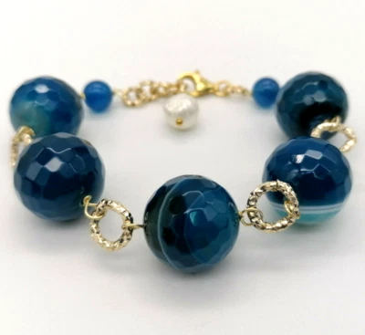 bracciale donna catena dorata blu agata naturale sfere argento placcato oro - Immagine 1 di 4