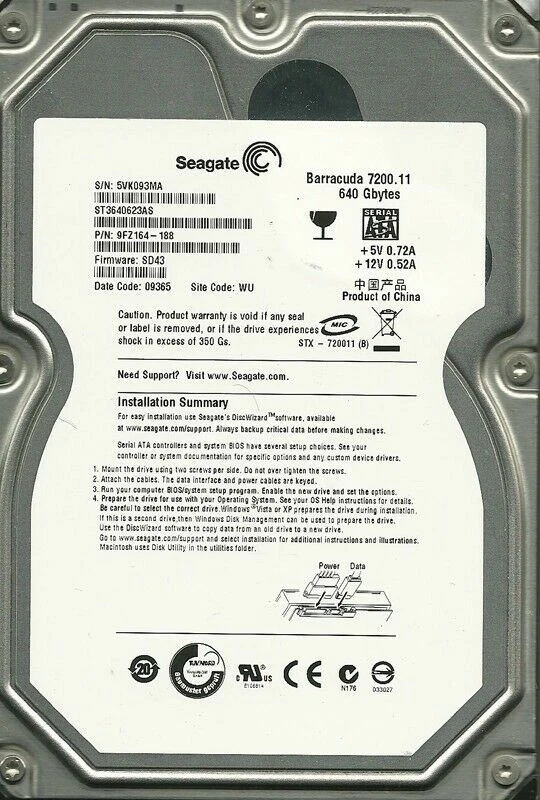 ST3640623AS P/N: 9FZ164-188 F/W: SD43 WU 5VK SEAGATE 640GB - Image 1 of 1