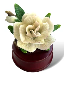 Ancienne boite à musique porcelaine Capodimonte fleur rose testée fonctionne ivoire - Photo 1/5