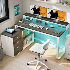 L-Shaped Corner Office Computer Desk Shelves File Drawers Power Hub w/ LED Light - Picture 1 of 11