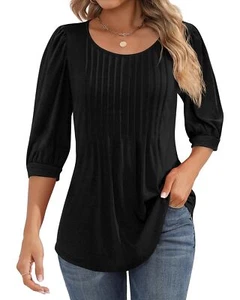 Ficerd Women's Puff 3/4 Sleeve Tops Trendy Crew Neck Tunic Top Pleated Casual - Picture 1 of 7