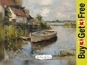 River Dock Scene, Impasto Oil Painting Print 5"x7" on Matte Paper - Picture 1 of 6