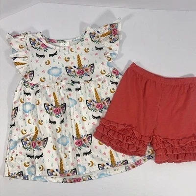Girls 3T Medium Unicorn Ruffle Dress Shorts Set White Peach Orange Outfit - Image 1 of 4
